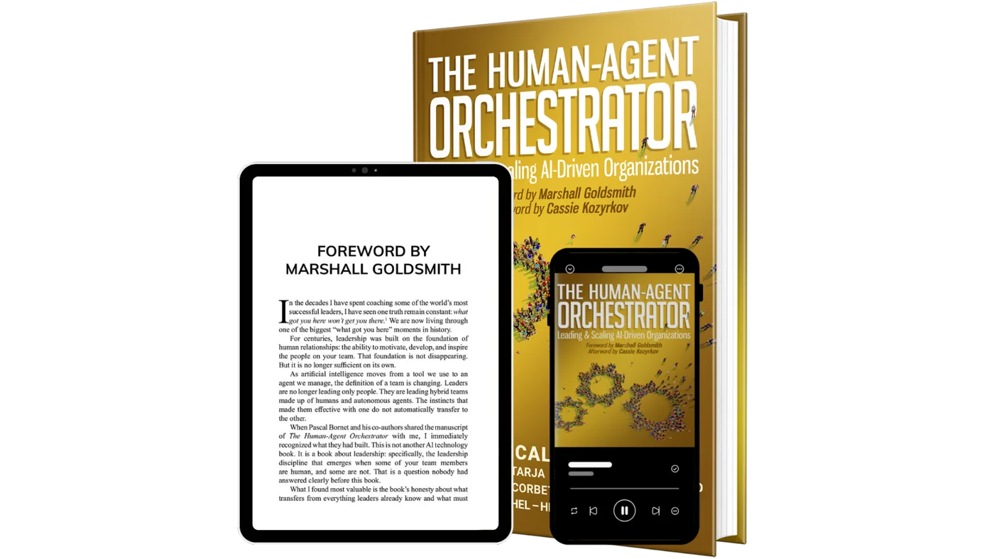The hardcover of The Human-Agent Orchestrator beside a tablet open on the foreword by Marshall Goldsmith and a phone playing the audiobook.